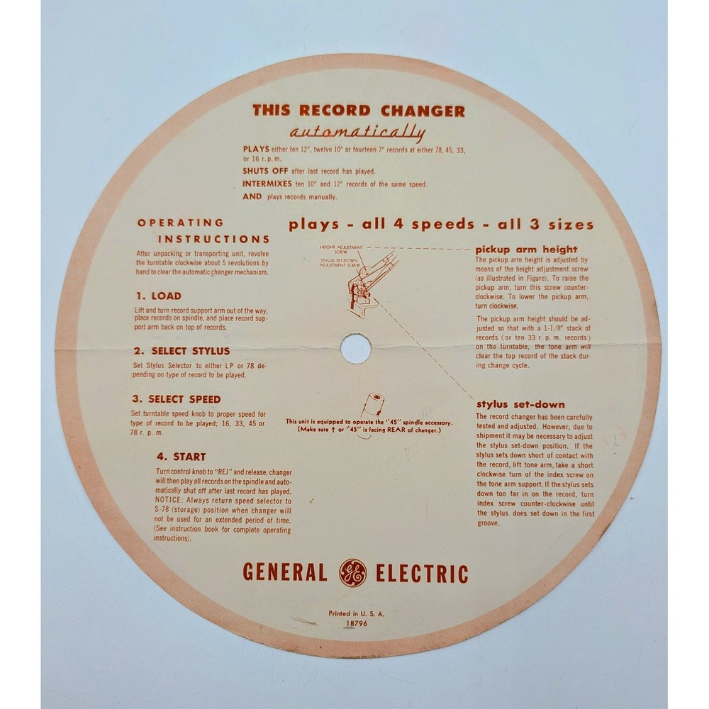 Vintage General Electric Record Changer Instructions Card 18796 Turntable Guide